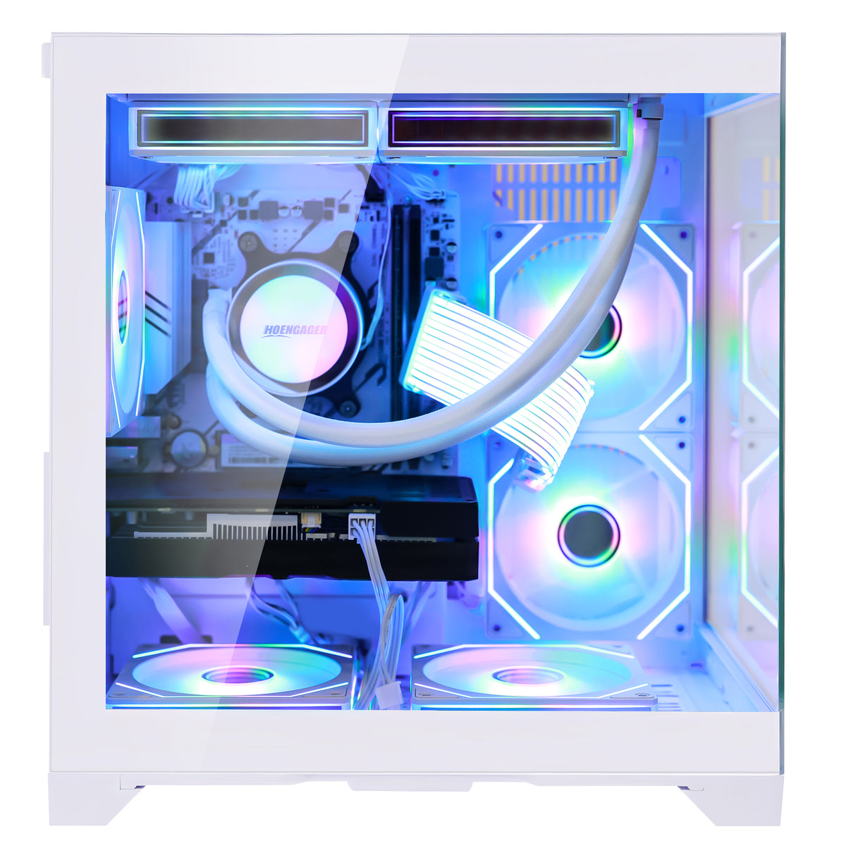 Hoengager Panorama Series white gaming PC with AMD Ryzen 7 5700X and RTX 3050 in red ARGB lighting