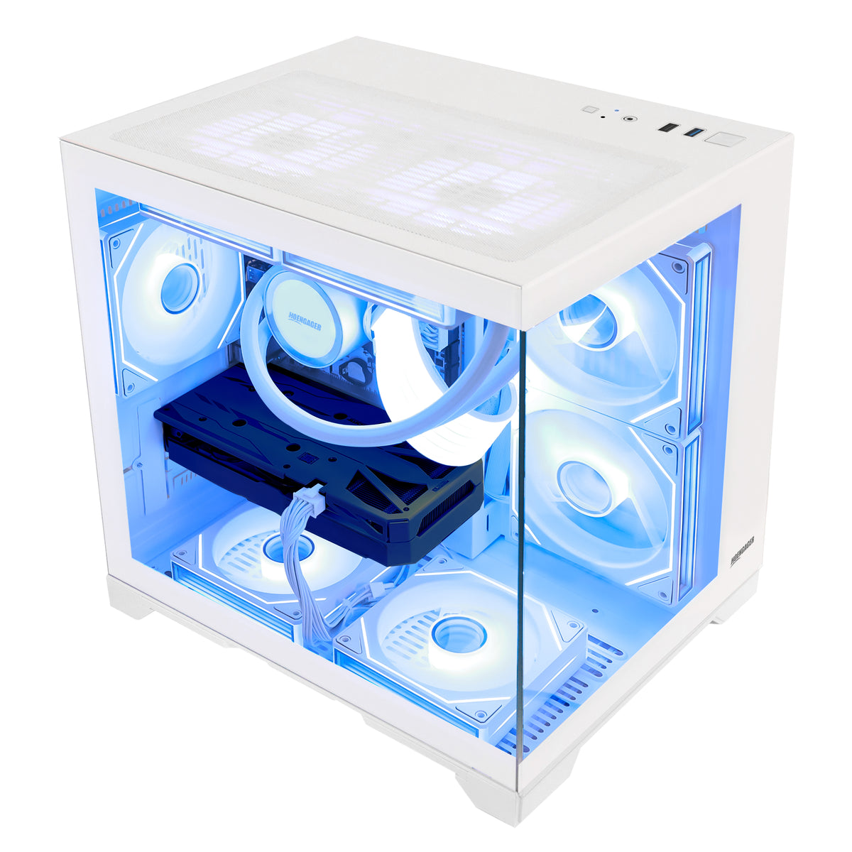 All-white Hoengager Panorama gaming desktop with Ryzen 7 5700X, RTX 3050, and static white LED lighting