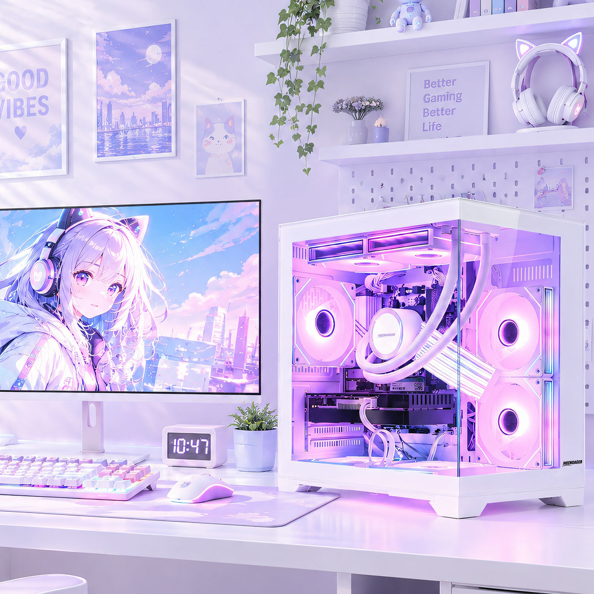 Close-up view of CPU AIO liquid cooler pump block and RAM inside Hoengager Panorama gaming desktop