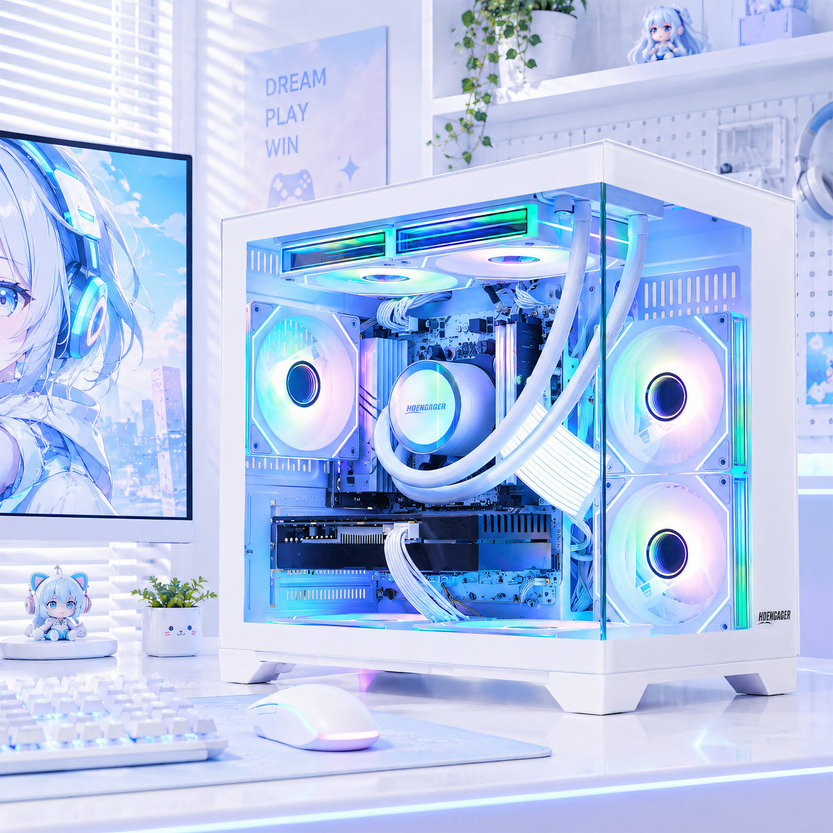Detailed internal view of RTX 3050 graphics card and custom power cables inside Hoengager Panorama PC