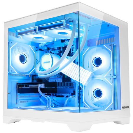 Hoengager Panorama Series white gaming PC with AMD Ryzen 7 5700X, RTX 5050, and ice blue ARGB lighting