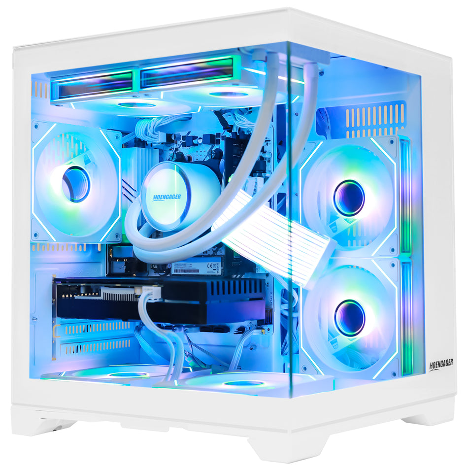 Hoengager Panorama gaming desktop featuring Ryzen 7 5700X and RTX 5050 in a white dual-chamber chassis with rainbow RGB lighting