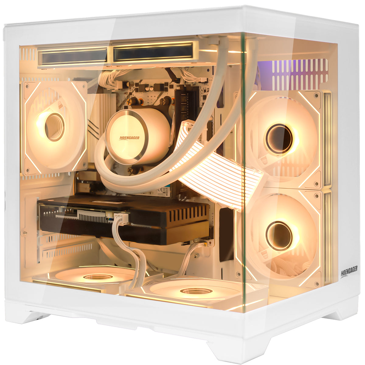 Hoengager Panorama white gaming computer with AMD Ryzen 7 5700X, RTX 5050 graphics card, and amber orange ARGB lighting