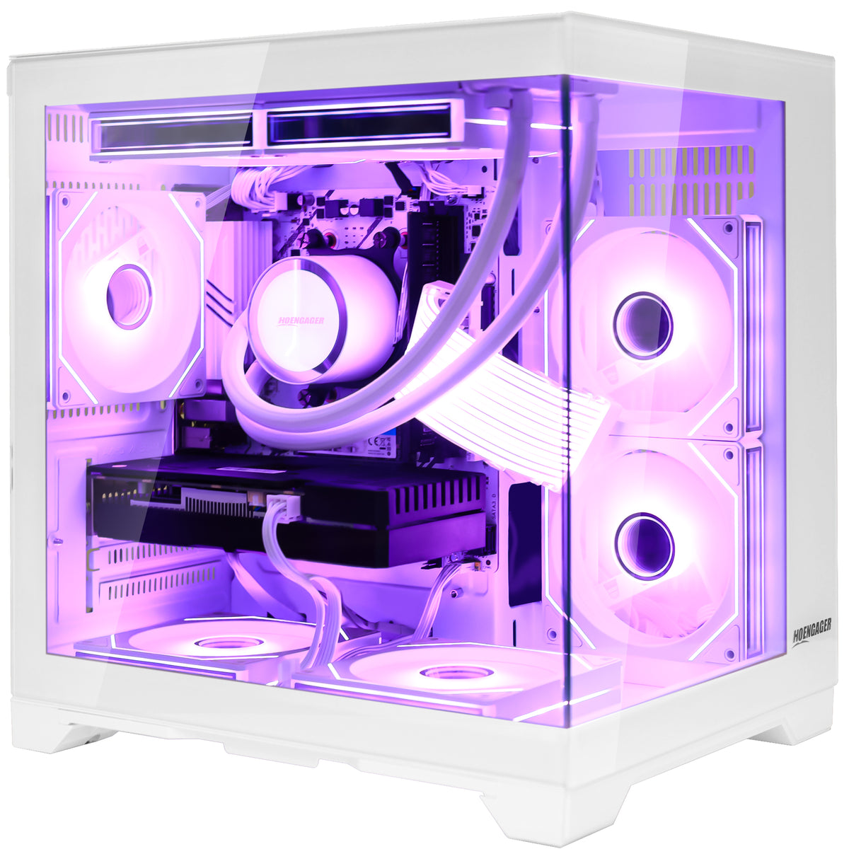 Hoengager Panorama Series gaming PC featuring Ryzen 7 5700X, RTX 5050 GPU, and purple ARGB liquid cooling lighting
