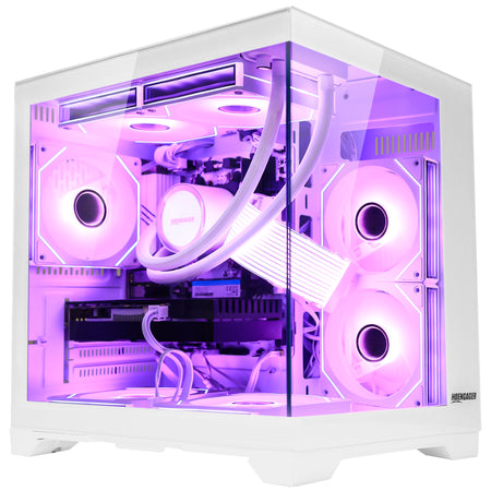 White dual-chamber Hoengager Panorama gaming PC with Ryzen 7 5700X, RTX 5050, and magenta ARGB lighting effect