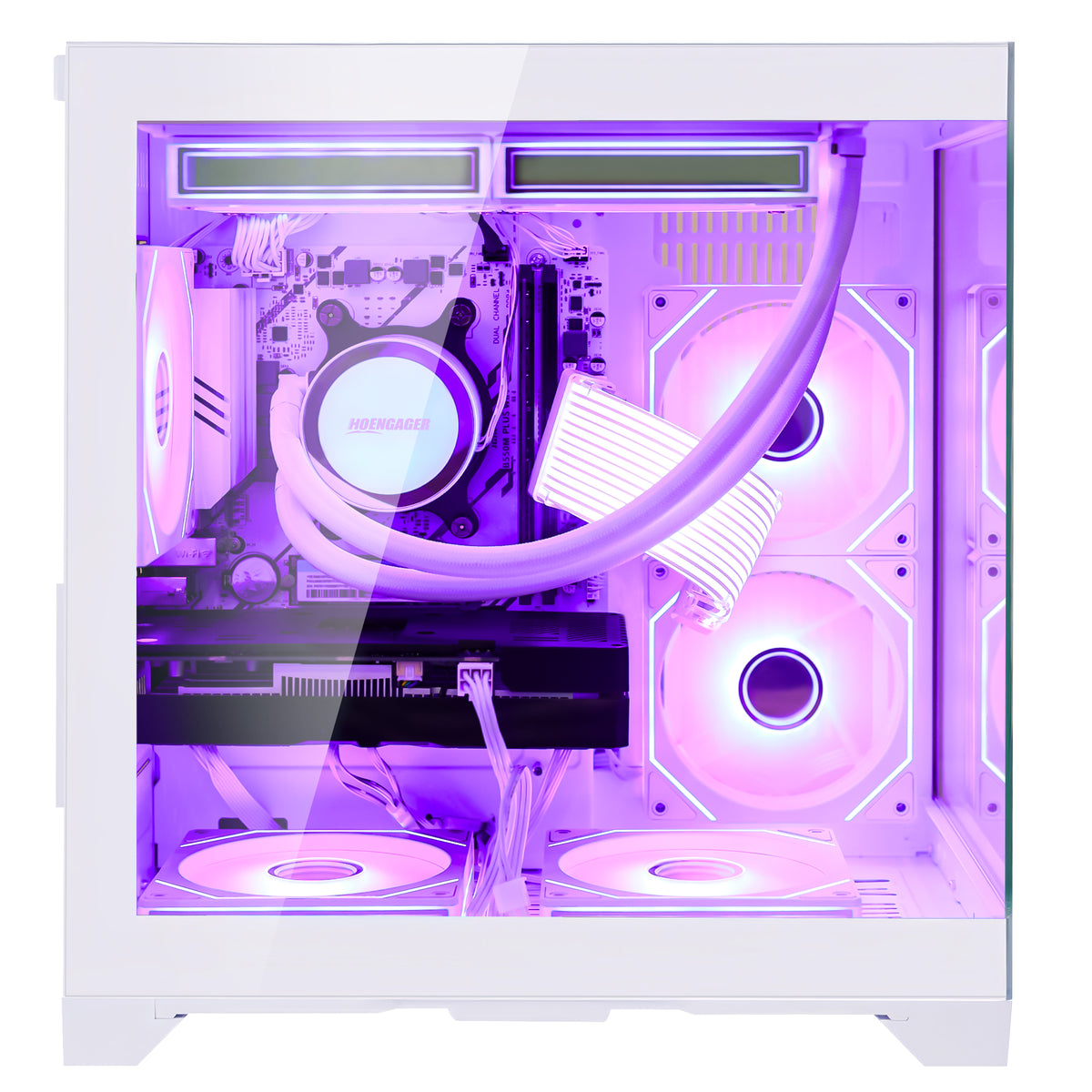 Side profile view of Hoengager Panorama white gaming PC with Ryzen 7 5700X, RTX 5050, and purple ARGB lights