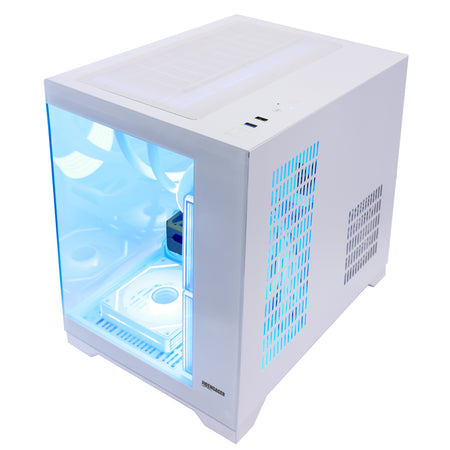 Front glass panel view of Hoengager Panorama white gaming PC chassis showing dual-chamber layout