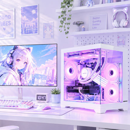 Close-up view of CPU AIO liquid cooler pump block and RAM inside Hoengager Panorama gaming desktop