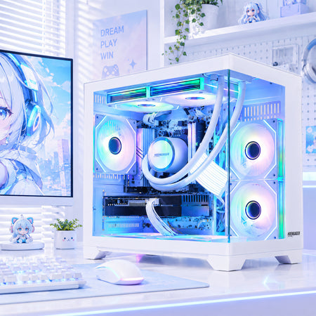 Detailed internal view of RTX 5050 graphics card and custom power cables inside Hoengager Panorama PC
