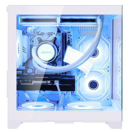 Side panel view of Hoengager Panorama gaming PC with AMD Ryzen 7 5700X, RX 9070 GRE, and cool blue ARGB liquid cooler
