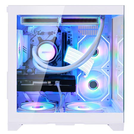Hoengager Panorama Series white gaming PC with AMD Ryzen 7 5700X and RX 9070 GRE in red ARGB lighting