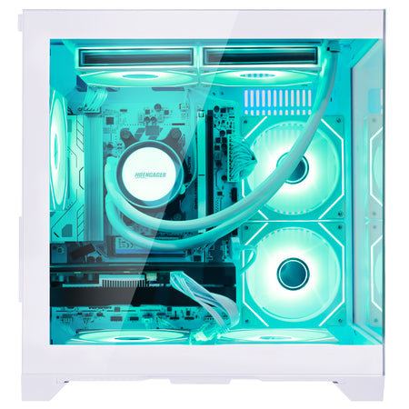 Hoengager PC Ryzen 7 7800X3D CPU and RTX 3060 12gb graphics card with transparent side panel, showcasing a custom PC build illuminated by bright cyan and green LED lighting. The interior features a liquid CPU cooler with a visible Noctua cooler plate, dual RGB fans, and other cooling components
