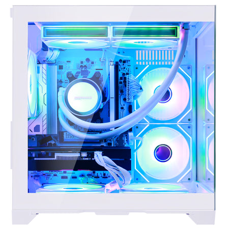 Hoengager Gaming PC with a glass side panel, showcasing PC with a liquid CPU cooler, motherboard, and multiple RGB-lit fans inside. 7800X3D 3060 12GB GPU