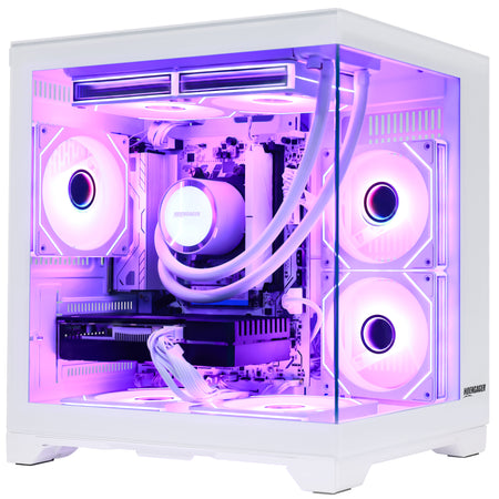 Hoengager white computer 8700F CPU and RTX 3060 12G gpu with a clear glass side panel, showcasing a custom liquid CPU cooler with white tubes and RGB fans glowing with purple and pink light inside.