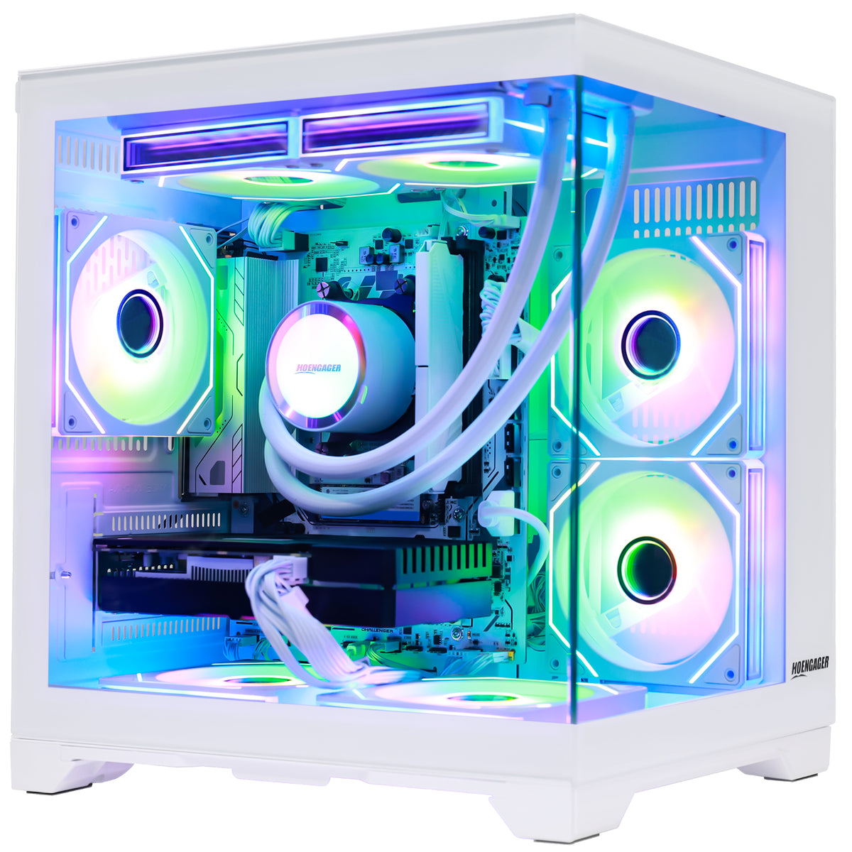 Hoengager Gaming 8700F CPU and 3060 12gb GPU computer case with a transparent side panel, showcasing a highly customized RGB liquid CPU cooler setup with multiple glowing fans and tubing inside.