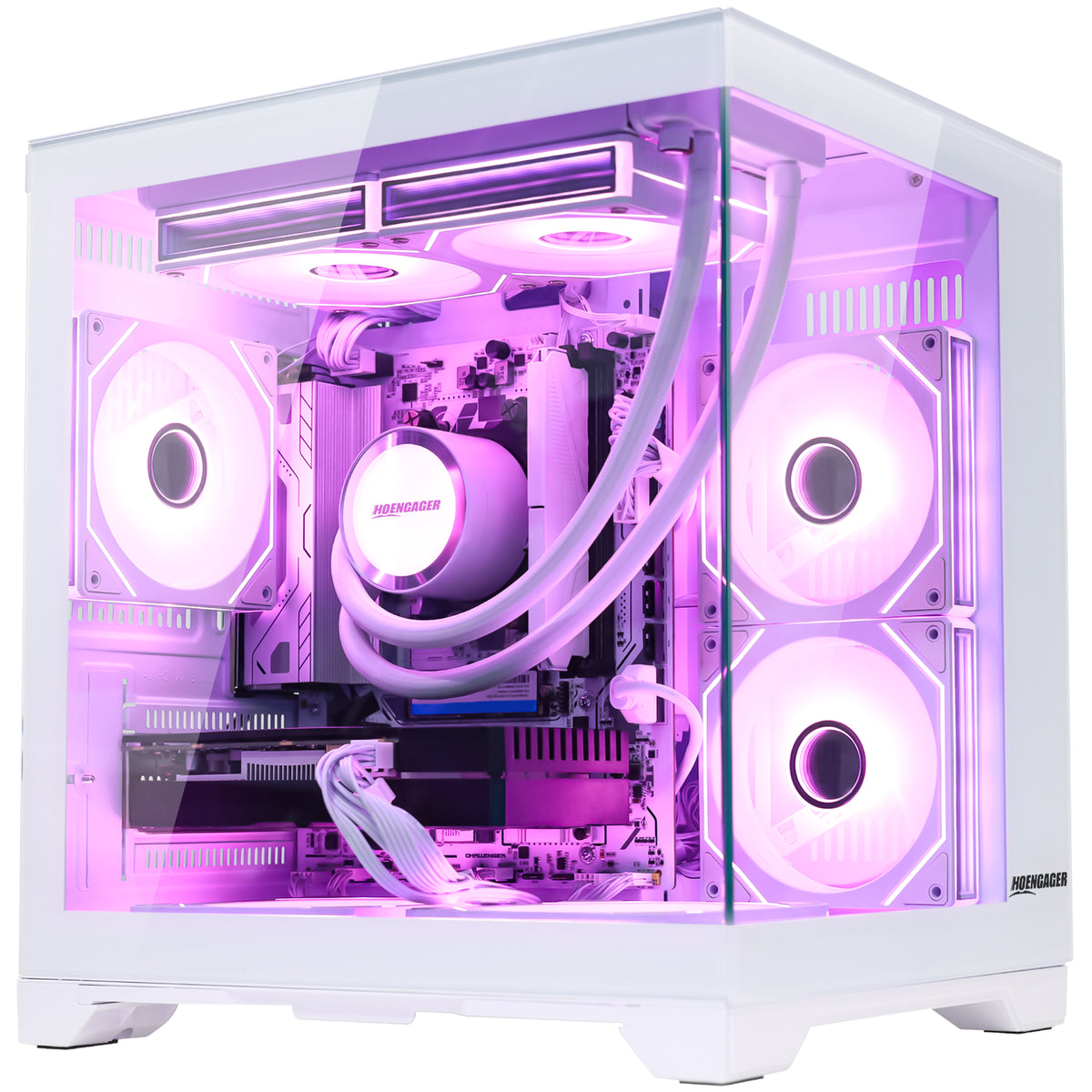 White Hoengager Panorama GAMING PC tower with a transparent side panel, showcasing a white liquid CPU cooler and RGB fans glowing with purple and pink light inside.