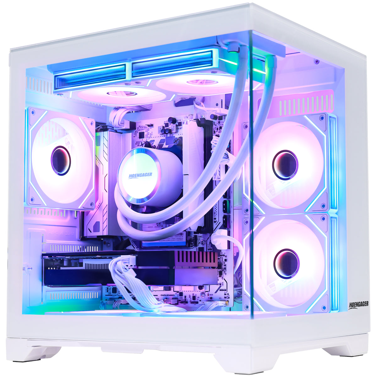 Hoengager Gaming mid-tower PC case with a glass side panel, showcasing a custom liquid CPU cooler and four white RGB-lit fans inside. The internal components are illuminated with blue and purple LED lighting, and the brand name 'Hoengager' is visible on the lower right corner of the case frame.