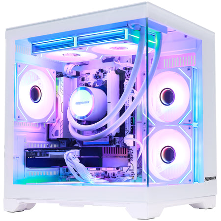 Hoengager Gaming mid-tower PC case with a glass side panel, showcasing a custom liquid CPU cooler and four white RGB-lit fans inside. The internal components are illuminated with blue and purple LED lighting, and the brand name 'Hoengager' is visible on the lower right corner of the case frame.