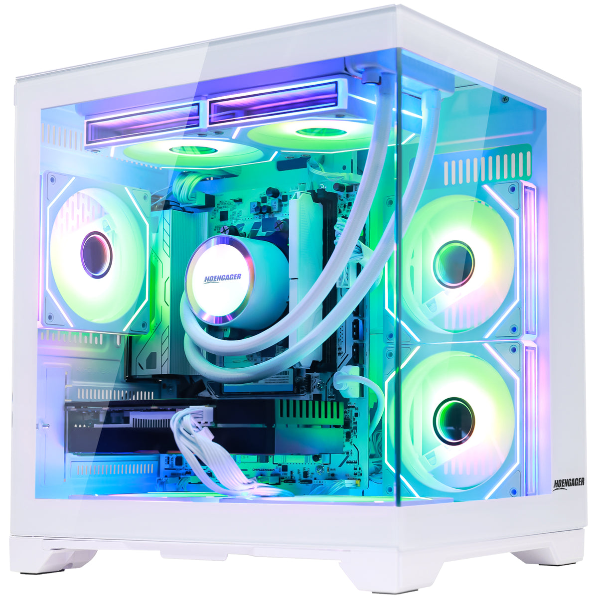 Hoengager Gaming PC with a glass side panel, showcasing a custom liquid CPU cooler with white tubes and multiple RGB-lit fans inside, set against a plain white background.