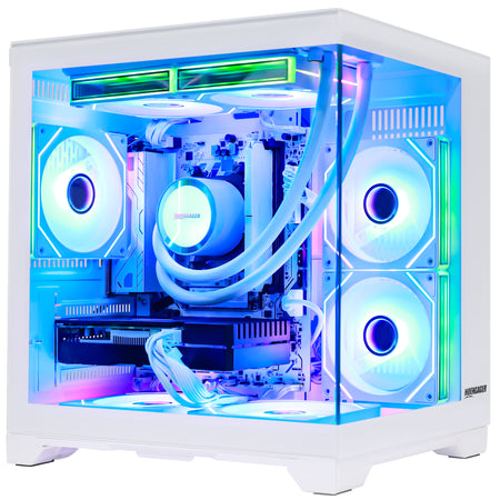 HOENGAGER GAMING PC tower with a clear side panel, showcasing a fully illuminated internal liquid CPU cooler setup with RGB lighting in blue, purple, and green.