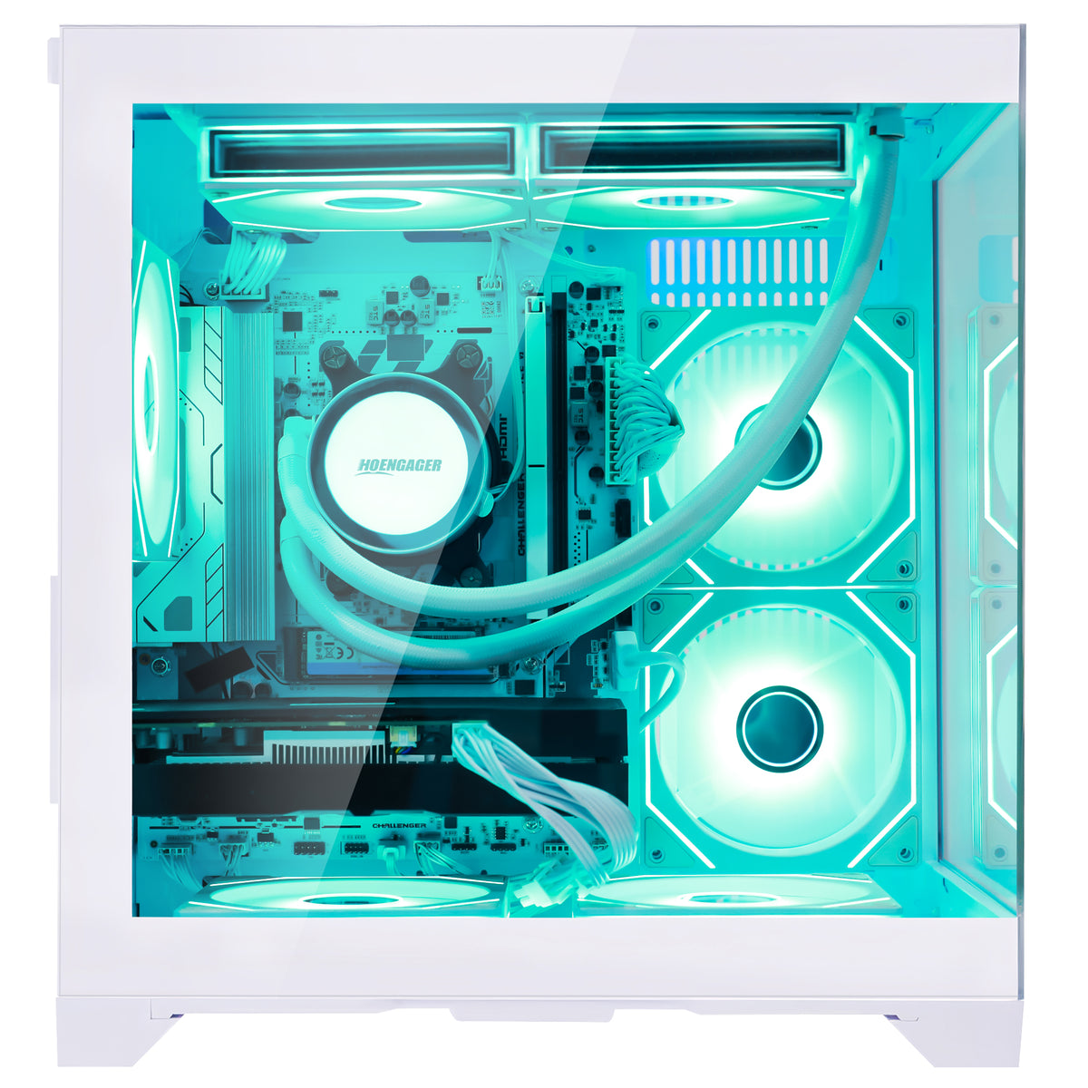 Hoengager PC Ryzen 7 8700F CPU and RTX 3060 12gb graphics card with transparent side panel, showcasing a custom PC build illuminated by bright cyan and green LED lighting. The interior features a liquid CPU cooler with a visible Noctua cooler plate, dual RGB fans, and other cooling components