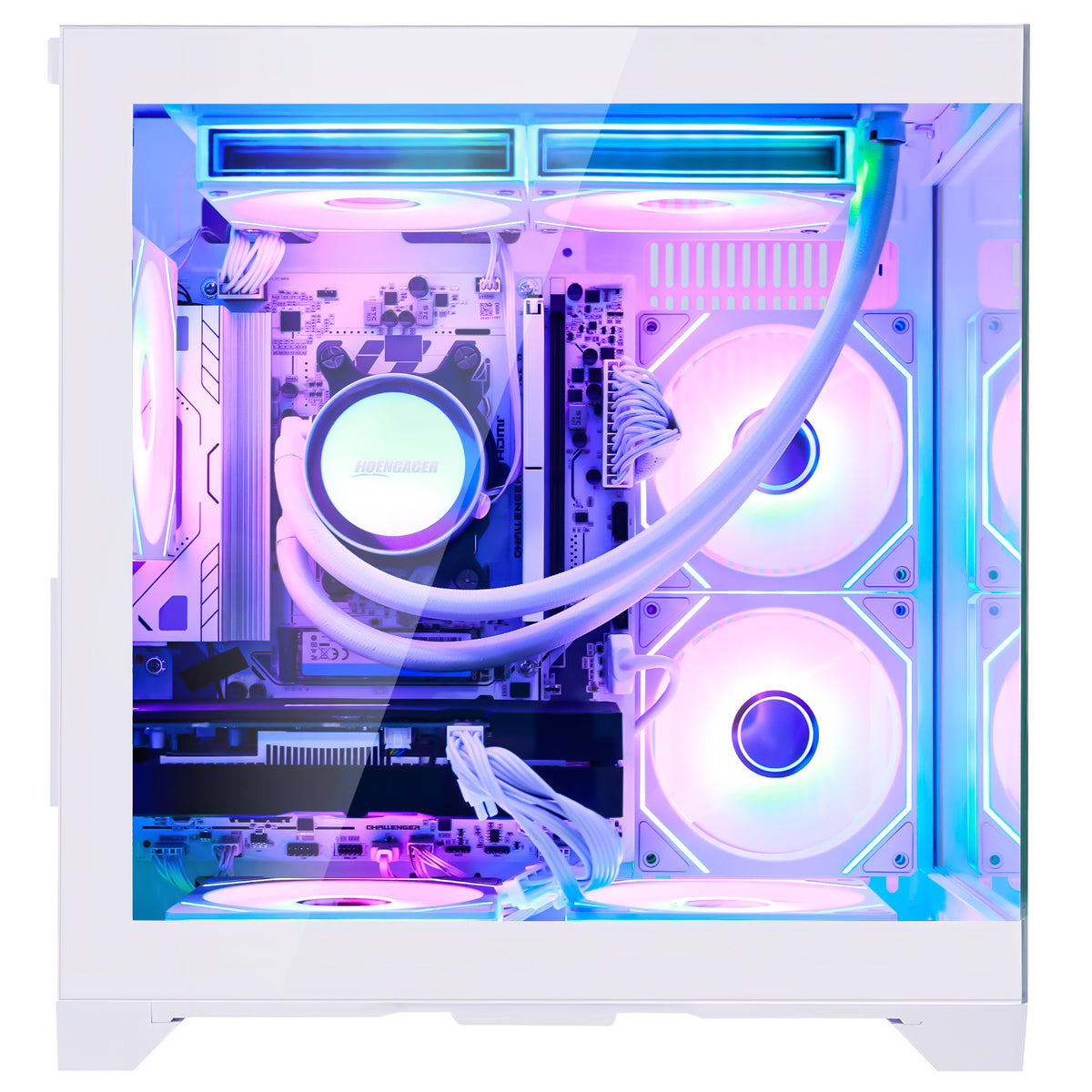 Hoengager Panorama Gaming desktop computer tower 8700F and rtx 3060 12gb gpu with a glass side panel, showcasing a custom PC build with a liquid CPU cooler, dual CPU fans, and RGB lighting in purple, blue, and pink hues.