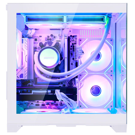 Hoengager Panorama Gaming desktop computer tower 8700F and rtx 3060 12gb gpu with a glass side panel, showcasing a custom PC build with a liquid CPU cooler, dual CPU fans, and RGB lighting in purple, blue, and pink hues.