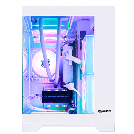 Hoengager Gaming PC Panorama Series 8700F ryzen 7 RTX 3060 12GB with a transparent side panel, showcasing a custom PC build with white components and vibrant blue, purple, and pink LED RGB lighting. The Honegager brand logo is visible on the bottom right of the glass panel.