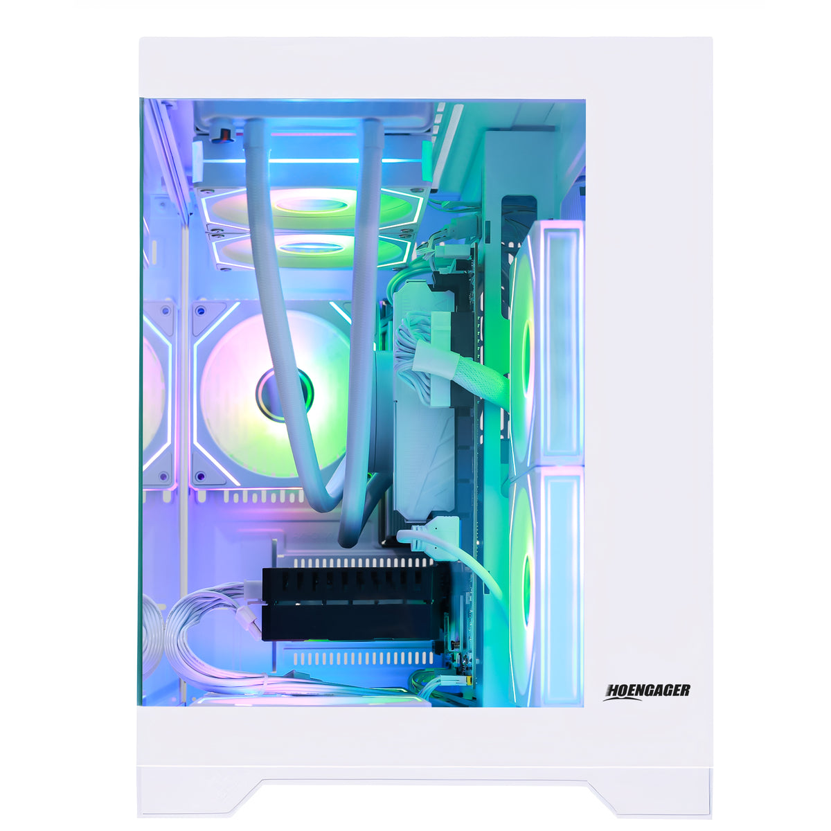 Hoengager Panorama Gaming PC with Ryzen 7 8700F cpu and RTX 3060 12GB gpu with a clear side panel showing a fully assembled PC interior with RGB liquid cooling tubes, fans, and a GPU, with the HOEGLAGER logo printed on the lower right of the case.