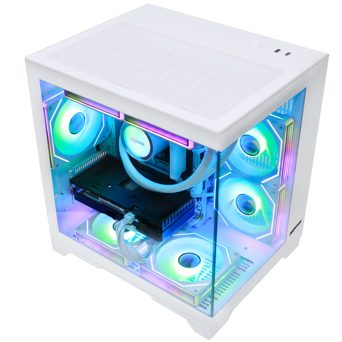 A white Panorama PC with a clear glass side panel, showcasing an internal liquid CPU cooler with multiple RGB fans glowing in blue, green, and purple. The case is shown from a three-quarters perspective on a solid white background.