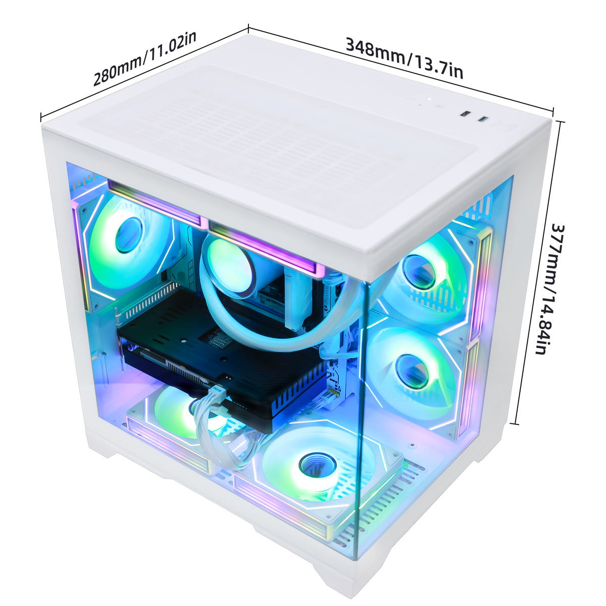 White desktop computer case with transparent side panel, illuminated RGB fans, and dimension labels showing 280mm width, 348mm depth, and 377mm height.
