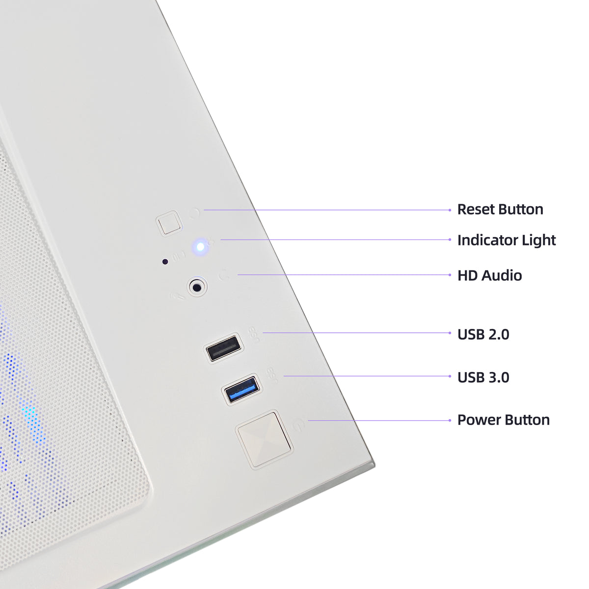 Close-up of the rear I/O panel of a white computer case, showing labeled callouts for Reset Button, Indicator Light, HD Audio, USB 2.0, USB 3.0