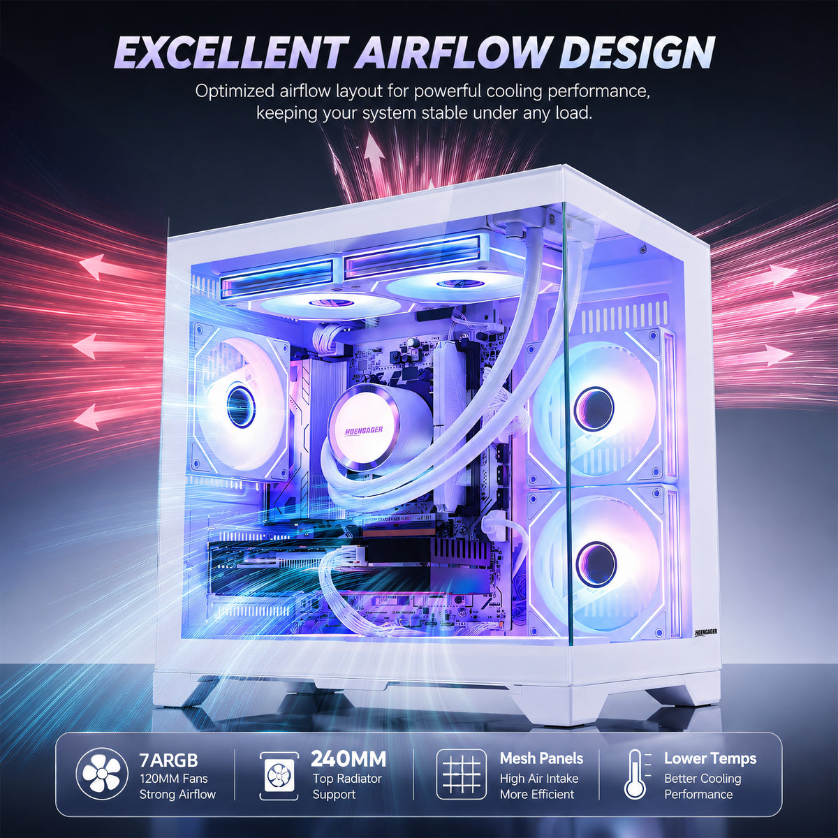 Hoengager Gaming PC tower with glowing blue and purple RGB lighting, shown with marketing text about excellent airflow design and feature icons for 7 ARGB fans, 240mm support, mesh panels, and lower temps.
