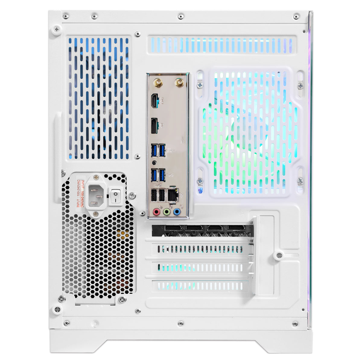 HOENGAGER panorama gaming case back panel with visible interior components, including a large RGB-lit front fan, USB ports, rear power connector, and ventilation grilles. 8700F rtx 3060 12GB Graphics Card