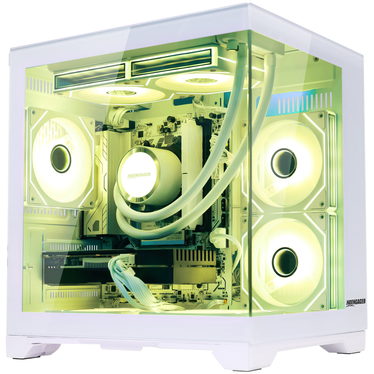 Hengager Gaming PC tower with Ryzen 5 9600X gaming CPU and RTX 3060 12GB GDDR6 vram, a transparent side panel, showcasing a liquid CPU cooler with white tubes and four illuminated RGB fans glowing in a pale green/yellow light.