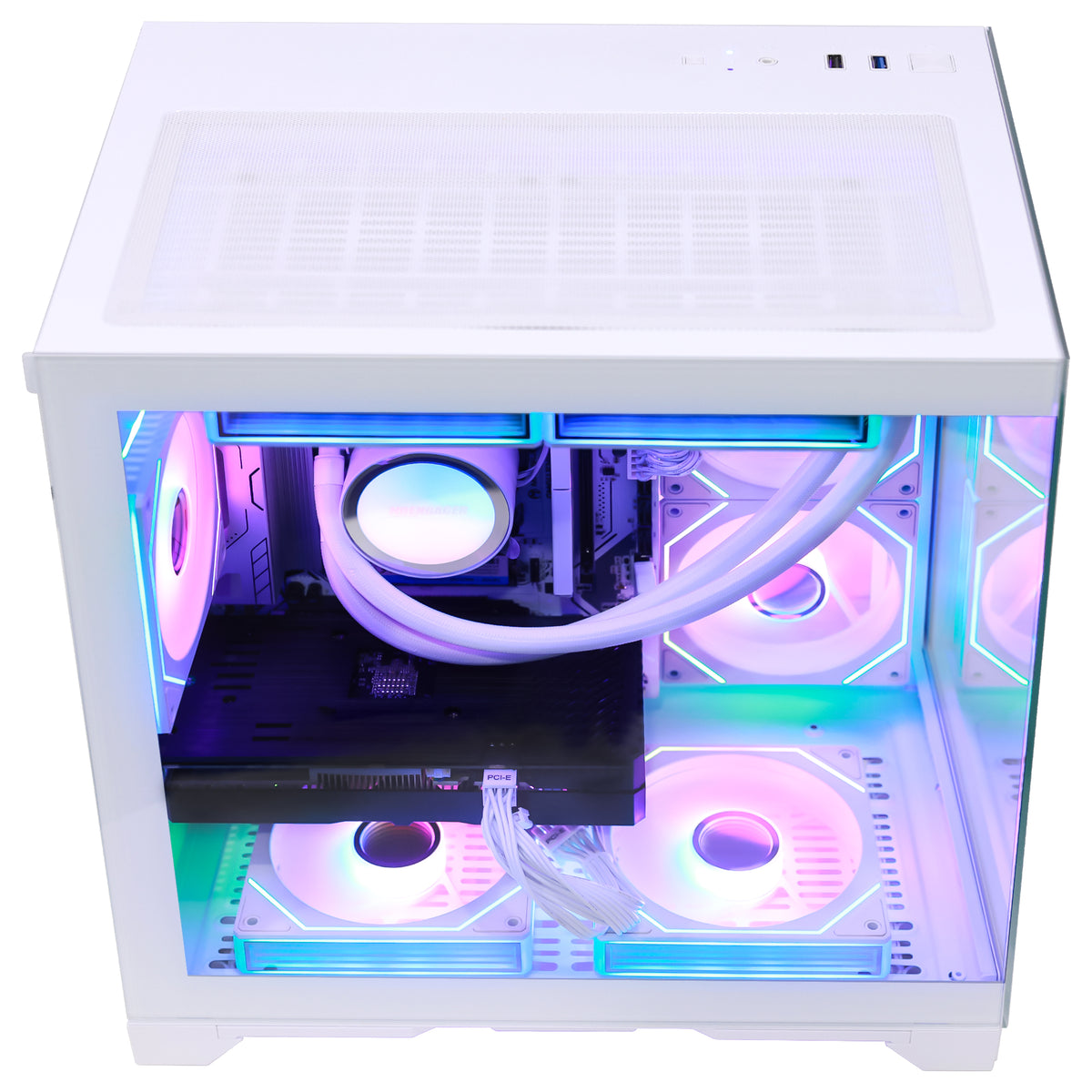 Hoengager gaming computer with a clear glass side panel, showcasing a custom PC build with RGB lighting. The interior features a white liquid CPU cooler with tubing, a black motherboard, and multiple RGB-lit fans casting pink, blue, and green light.