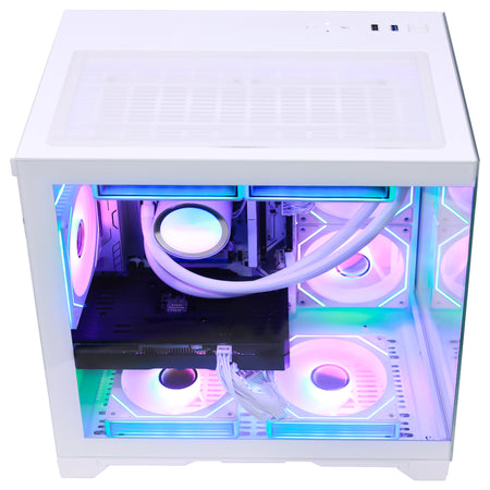 Hoengager gaming computer with a clear glass side panel, showcasing a custom PC build with RGB lighting. The interior features a white liquid CPU cooler with tubing, a black motherboard, and multiple RGB-lit fans casting pink, blue, and green light.