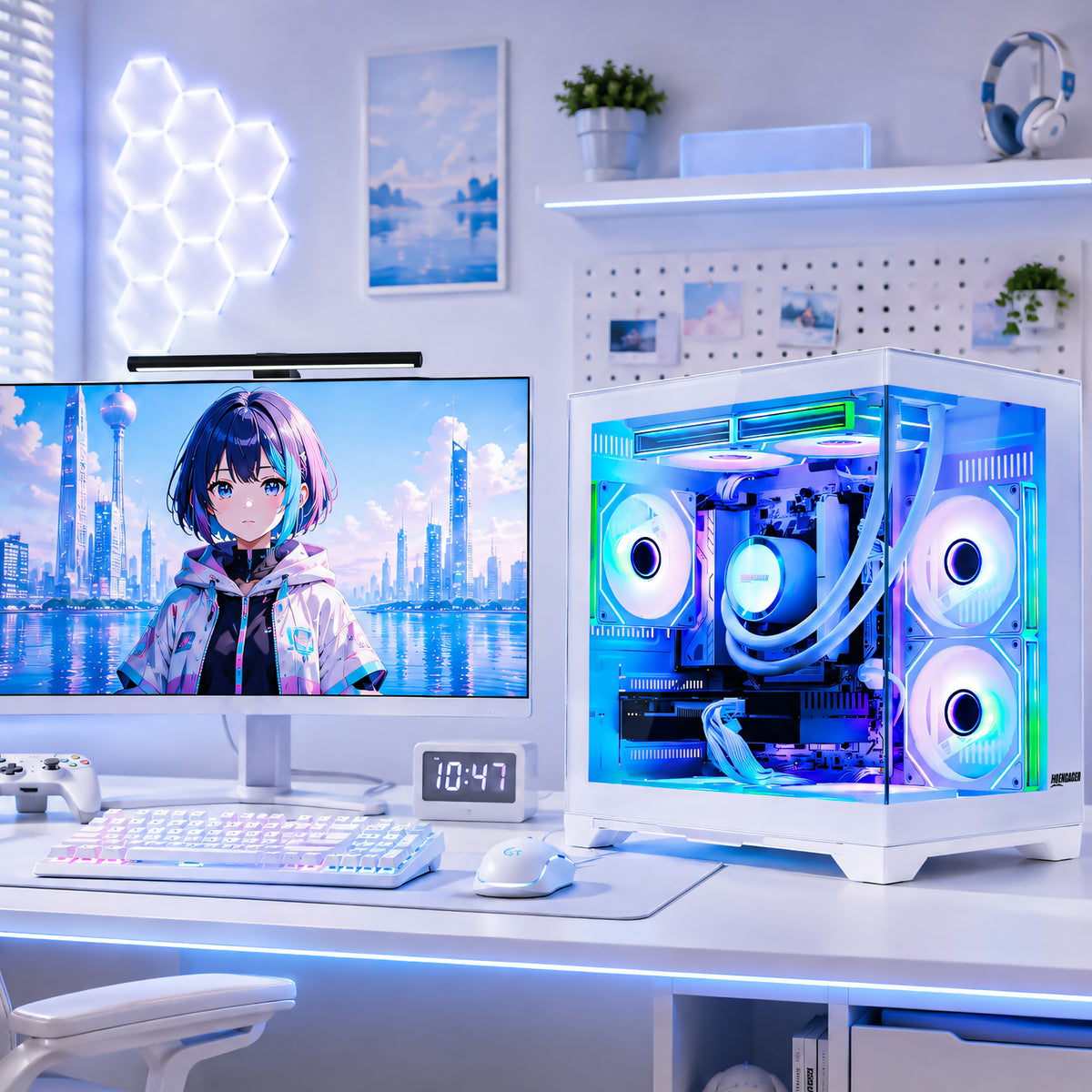 white panorama gaming desktop PC with glowing blue and purple RGB lighting sits on a white desk next to a monitor, keyboard, mouse, and small digital clock in a bright, modern home office setup.