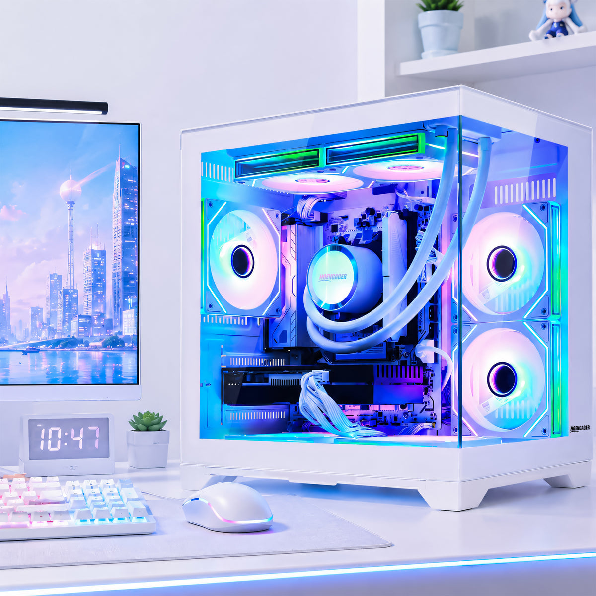 A white Hoengager brandded Panorama gaming desktop PC case with a transparent side panel, showcasing a custom liquid CPU cooler with glowing blue, purple, and green RGB lighting. The case is styled on a white desk next to a computer monitor, keyboard, and mouse.