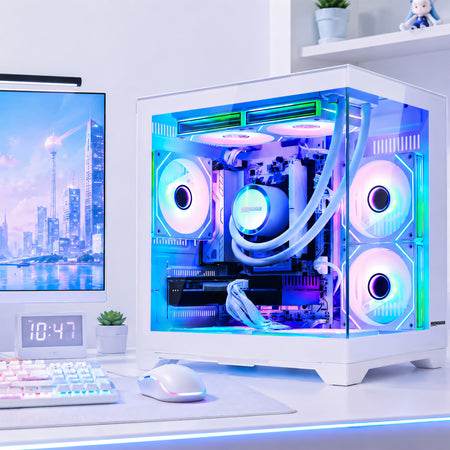 A white Hoengager brandded Panorama gaming desktop PC case with a transparent side panel, showcasing a custom liquid CPU cooler with glowing blue, purple, and green RGB lighting. The case is styled on a white desk next to a computer monitor, keyboard, and mouse.