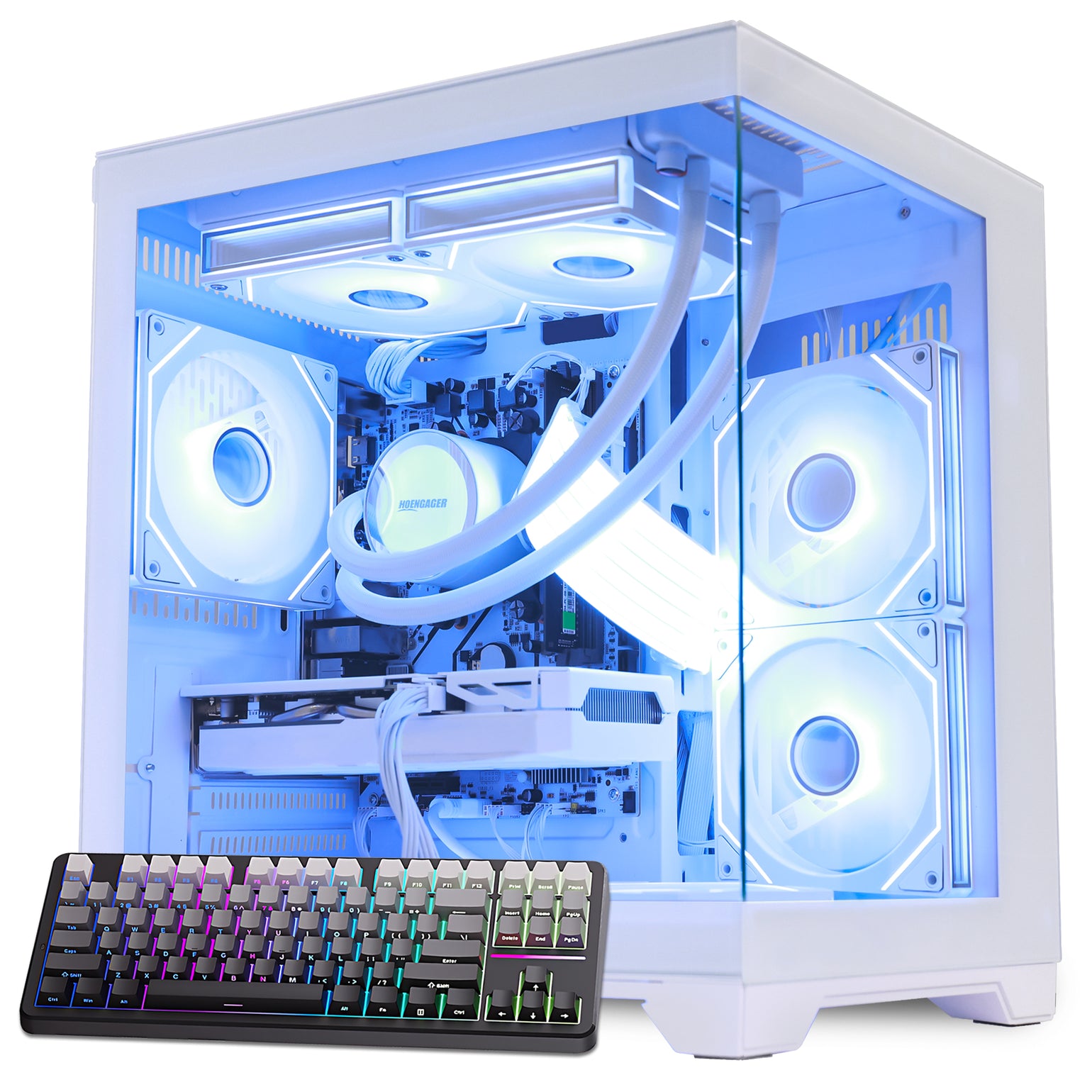 Main view of Hoengager Panaroma Ryzen 5 9600x RTX 5070 32gb Ddr5 White Edition 9000 Series with panoramic glass case and RGB lighting