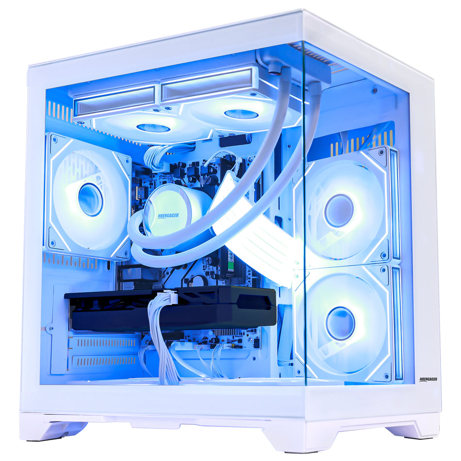 Main view of Hoengager Panaroma Ryzen 7 5700x RTX 5060 White Edition 5000 Series Ultimate Build with panoramic glass case and RGB lighting