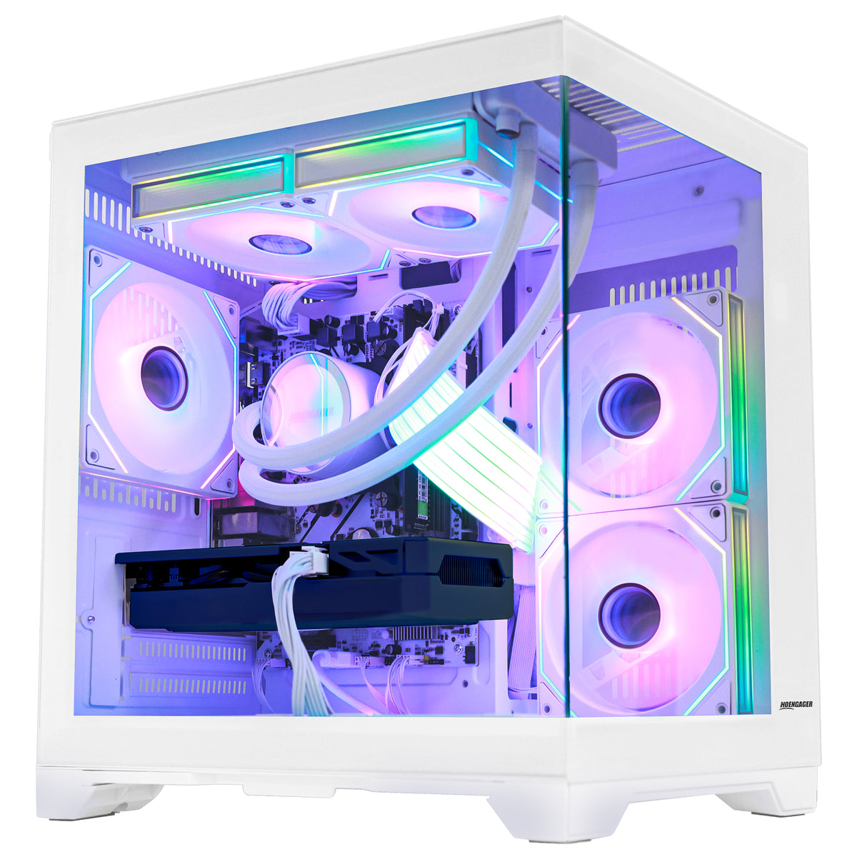 Side profile of Hoengager Panaroma Ryzen 7 5700x RTX 5060 White Edition 5000 Series Ultimate Build showing internal components and cooling system