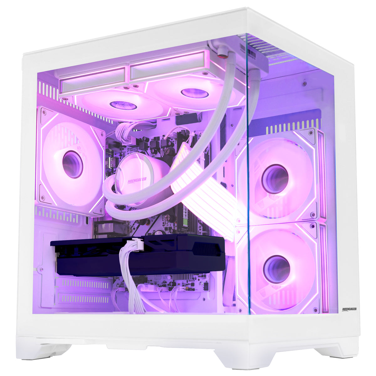 Close-up of Hoengager Panaroma Ryzen 7 5700x RTX 5060 White Edition 5000 Series Ultimate Build interior featuring liquid cooling and GPU