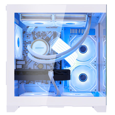 Front view of Hoengager Panaroma Ryzen 7 5700x RTX 5060 White Edition 5000 Series Ultimate Build gaming desktop with vibrant RGB fans