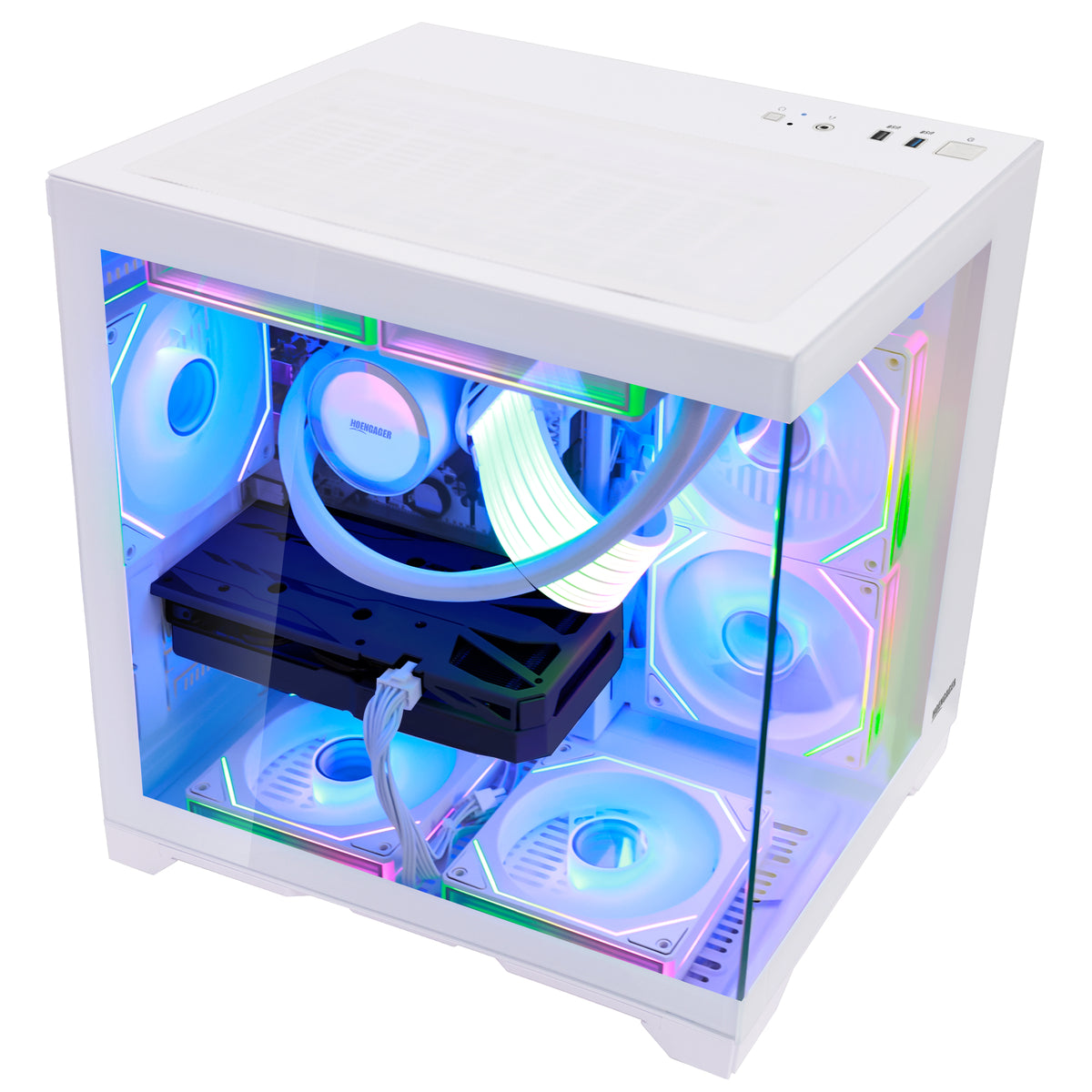 Back panel and connectivity ports of the Hoengager Panaroma Ryzen 7 5700x RTX 5060 White Edition 5000 Series Ultimate Build
