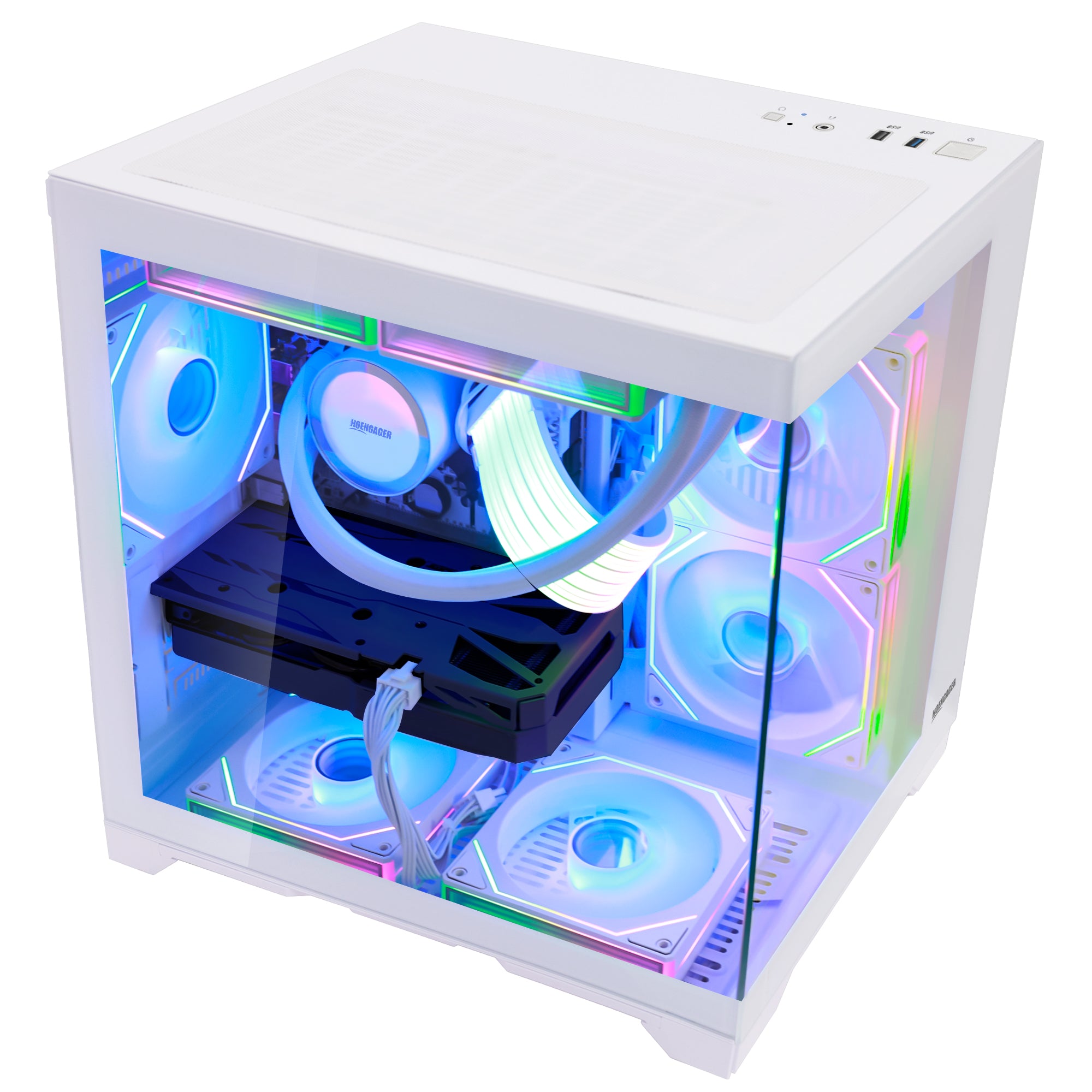 Back panel and connectivity ports of the Hoengager Panaroma Ryzen 7 5700x RTX 5060 White Edition 5000 Series Ultimate Build