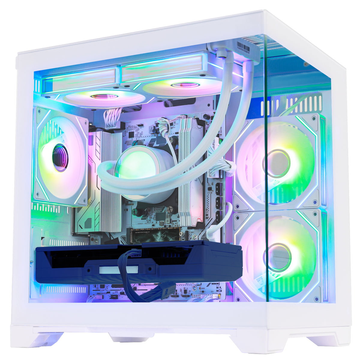 Close-up of Hoengager Panaroma Ryzen 5 9600x RTX 5060 32gb Ddr5 White Edition 9000 Series Ultimate Build interior featuring liquid cooling and GPU