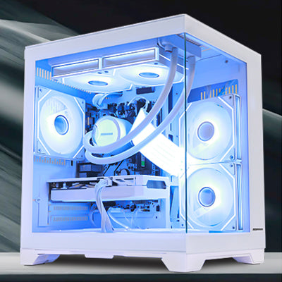 Side profile of Hoengager Panaroma Ryzen 7 5700x RTX 5070 White Edition 5000 Series High Performance showing internal components and cooling system