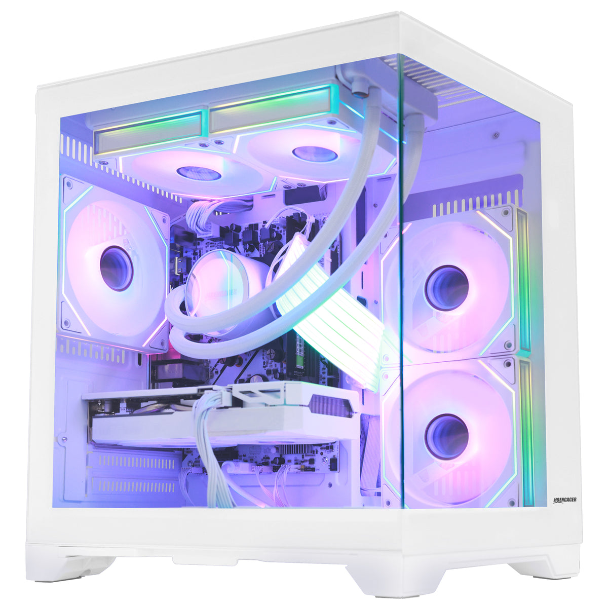 Close-up of Hoengager Panaroma Ryzen 7 5700x RTX 5070 White Edition 5000 Series High Performance interior featuring liquid cooling and GPU